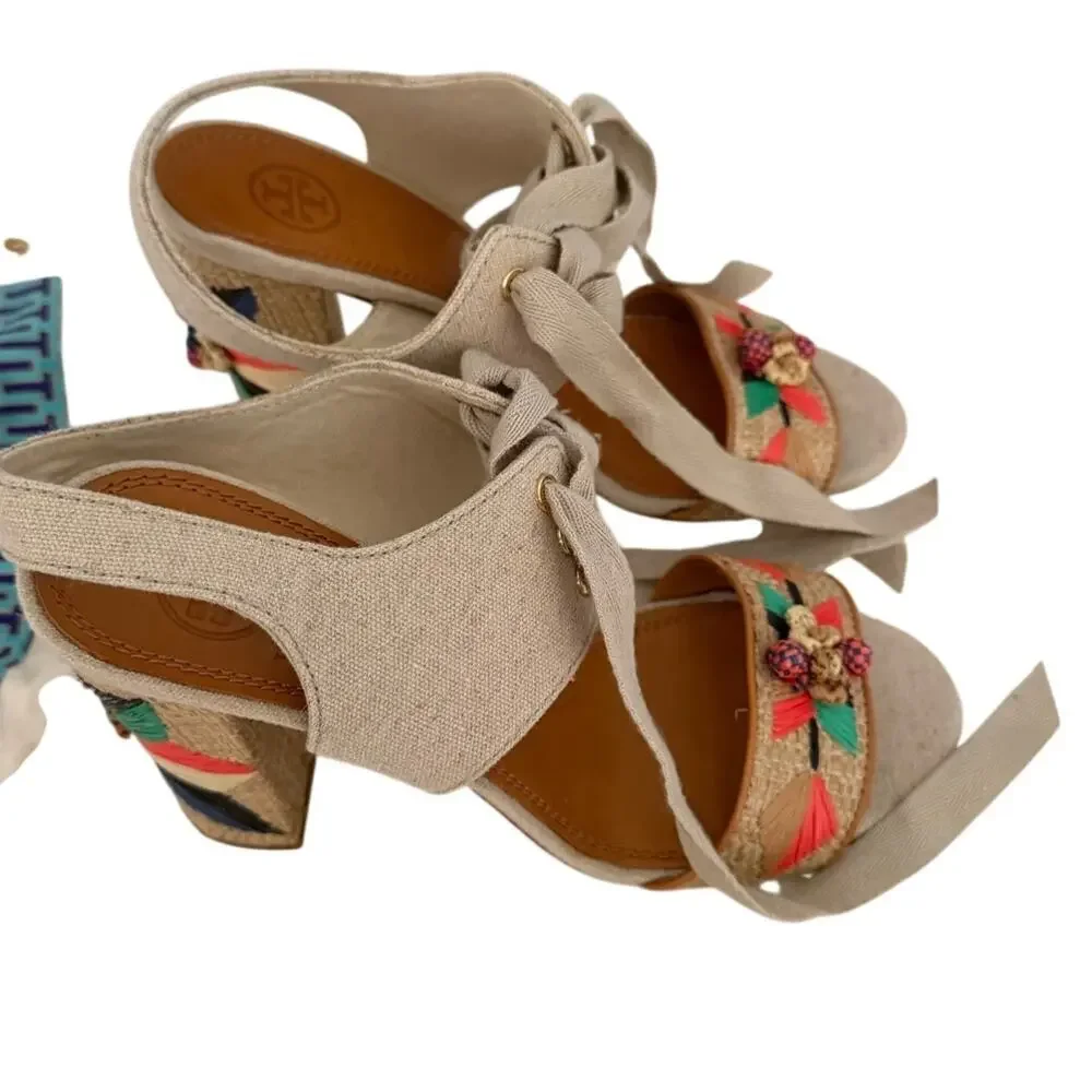 Tory Burch Geraldine Raffia & Linen Lace-Up Sandals Size 9